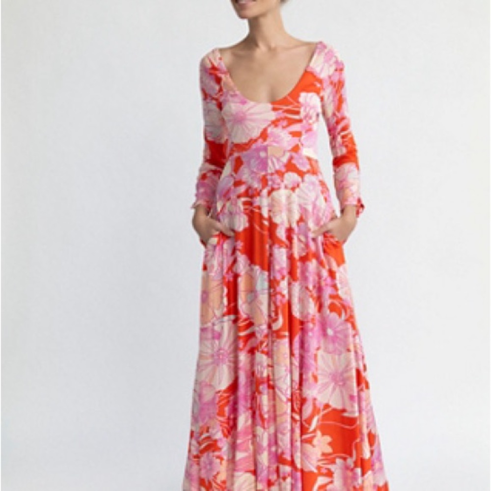 NWT Free People orange, peach and bright-pink maxi with modern floral pa…
